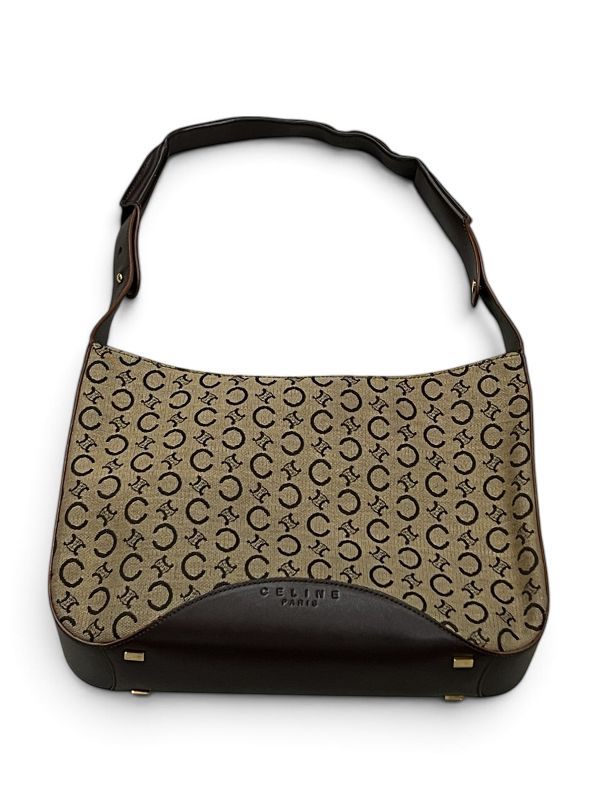 Round Retail vintage Celine Macadam canvas shoulder bag in brown with iconic monogram pattern and leather trim